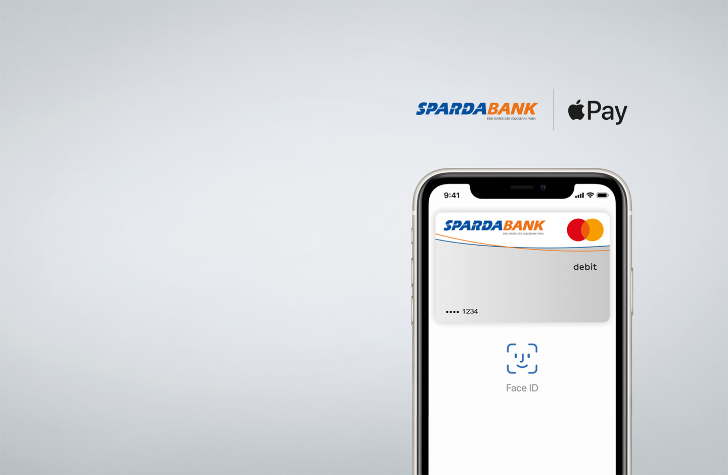 Apple Pay Startscreen auf einem Iphone mit hellgrauer SPARDA-BANK Karte