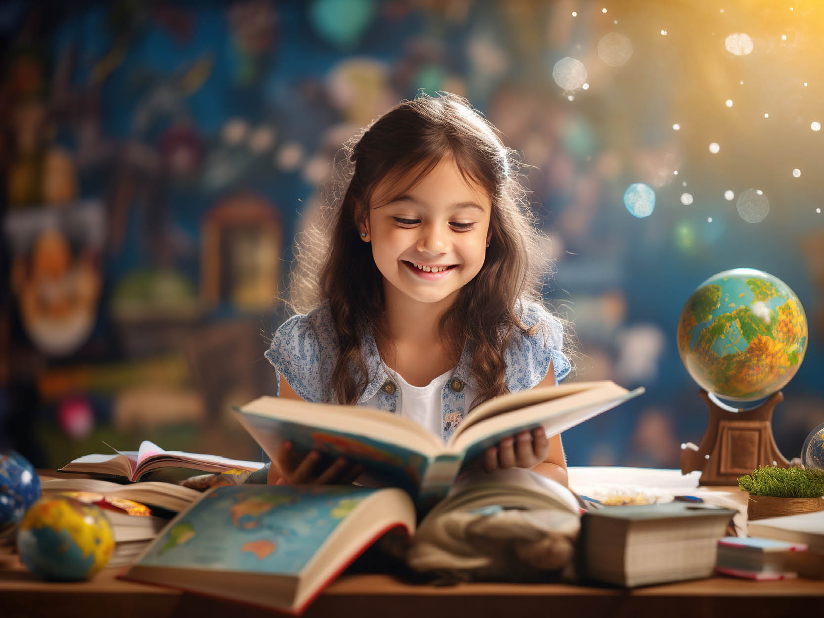 Ein Mädchen sitzt an einem Schreibtisch und lächelt während sie ein Buch liest.