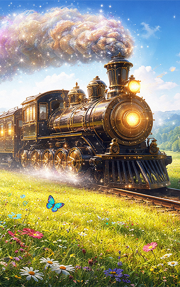 Ein Junge und ein Mädchen sehen einem Zug, der von einer Dampflokomotive gezogen wird, beim Vorbeifahren zu.