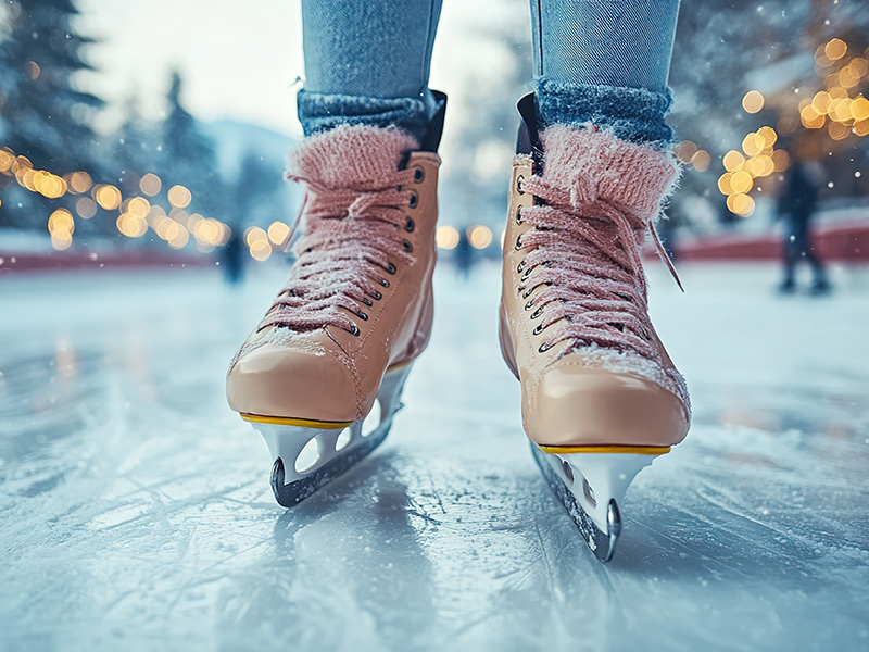 Das Bild zeigt jemanden mit Schlittschuhen auf einer Eislauffläche.