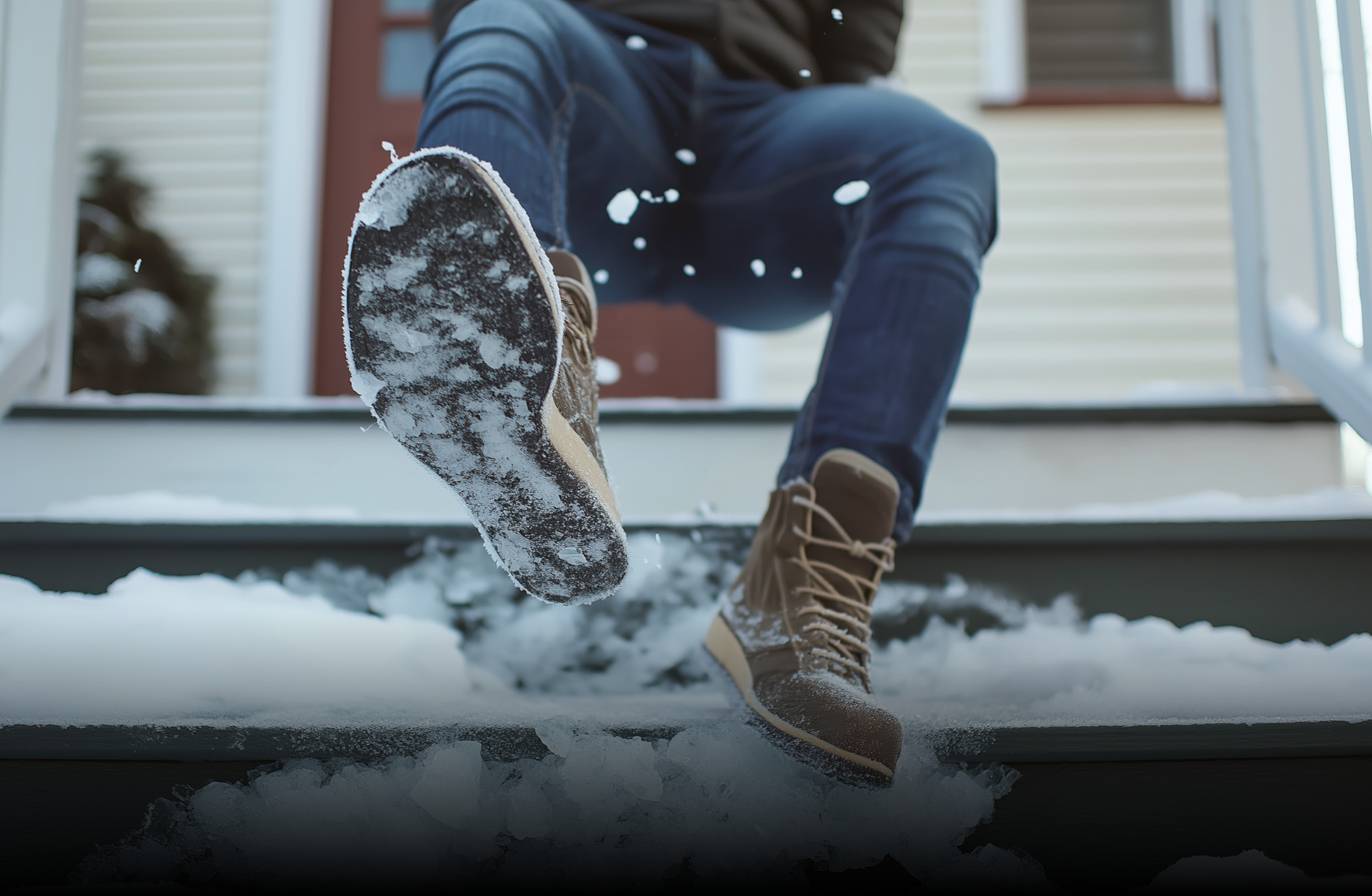 Ein Mensch mit Winterschuhen rutscht bei winterlichen Verhältnissen aus und verliert den Halt.